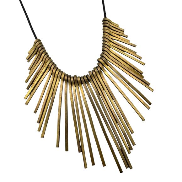 Brass Tone Spike Pins Leather Cord Statement Bib Necklace Unbranded Egyptian - Picture 2 of 8